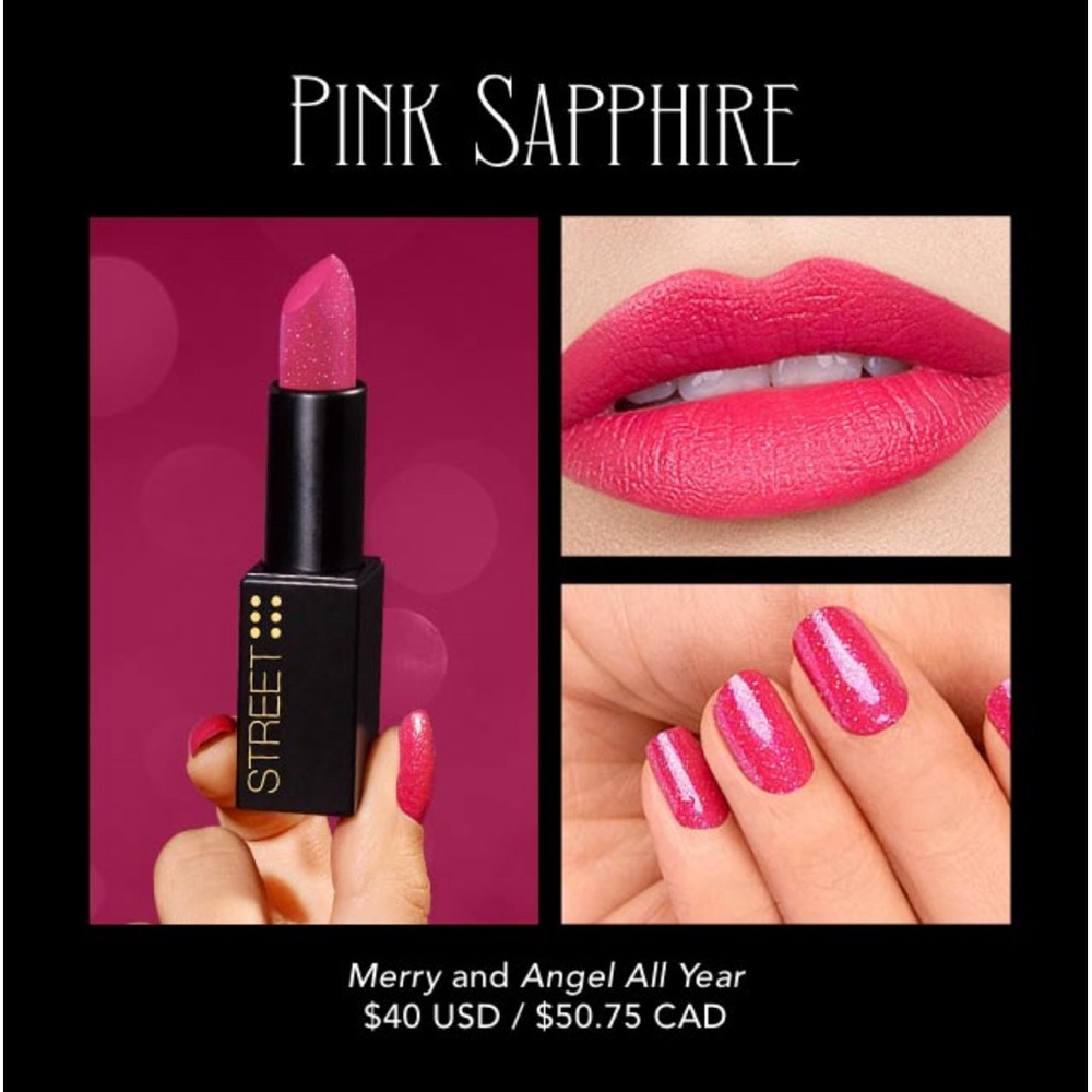 Color street Merry diamond dusted lipstick and angel all year nail strips.